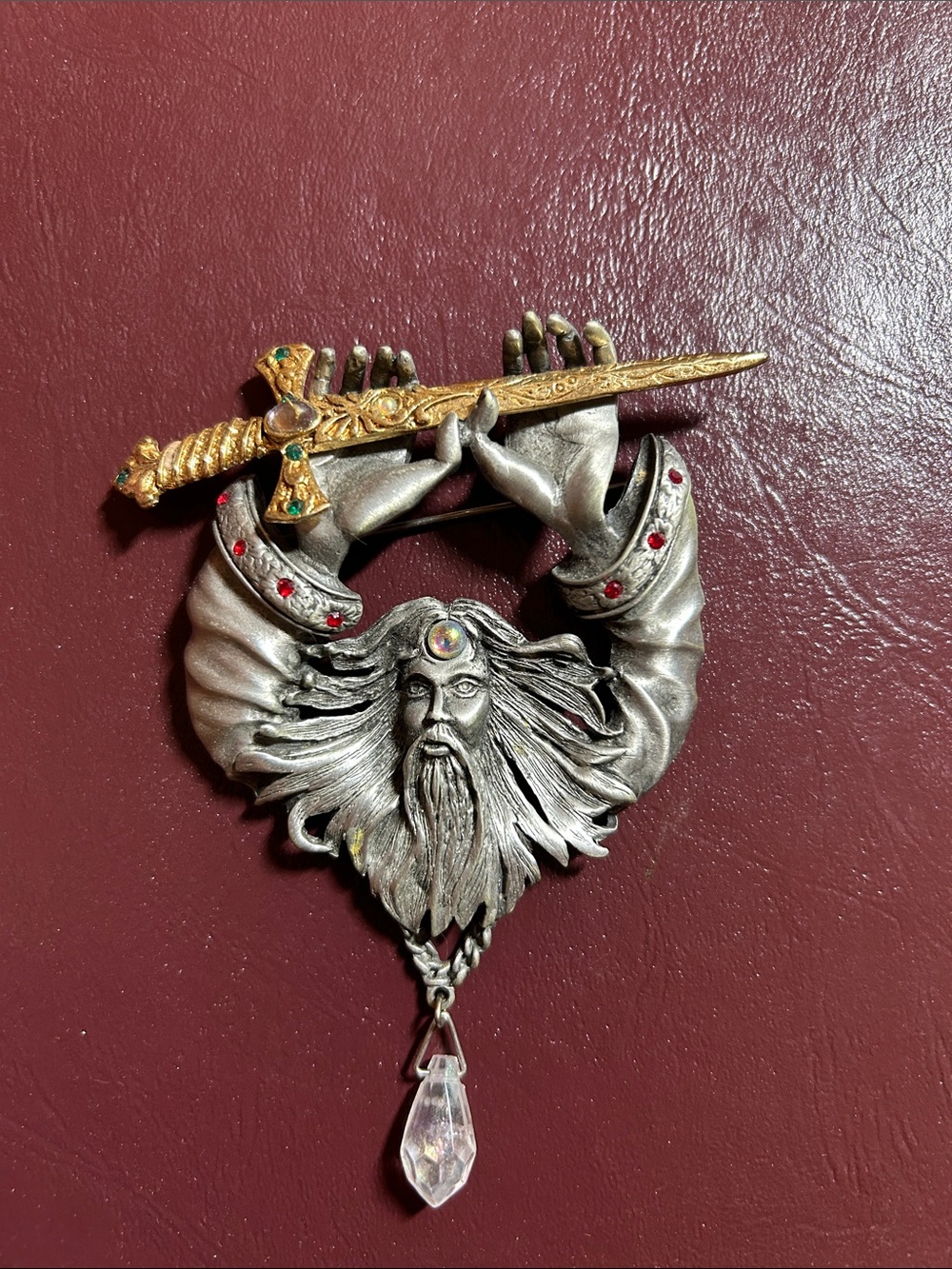 JJ Wizard Sword Brooch with Gold-Tone Dagger and Crystal Drop